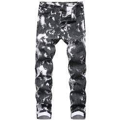 Stylische Stretch Jeans mit Batikmuster für Herren Leichte Distressed Comfort Jeanshose Slim Fit Retro Hip Hop Jeans (28,Schwarz) von JEShifangjiusu