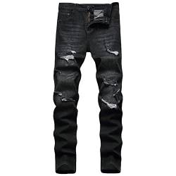 Zerrissene Dünne Stretch Jeans für Herren Distressed Destroyed Slim Fit Jeanshose Biker Jeans mit Geradem Bein und Löchern (31,Schwarz) von JEShifangjiusu