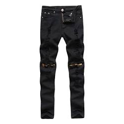 Zerrissene Moto Biker Jeans für Herren Vintage Reißverschluss Distressed Denim Hose Destroyed Slim Fit Stretch Bleistiftjeans (34,Schwarz) von JEShifangjiusu