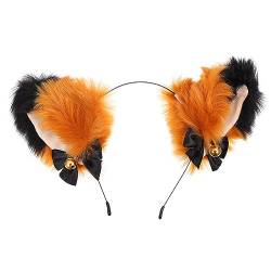 JEWEDECO Katzenohr-glöckchen-stirnband Plüsch Katzenohren Stirnband Pelz Schlüsselanhänger Party-haarbänder Halloween-tierohren Orangefarbene Fuchsohren Braunes Katzenohren-stirnband Stoff von JEWEDECO