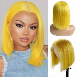 Kurze, glatte Bob-Perücke, 13 x 4 Zoll, HD-Spitzenfront perücke, 10 Zoll, kurze, glatte Bob-Perücke mit Babyhaar for schwarze Frauen, klebefreie Perücke Echthaar(Lemon yellow) von JEXUUD