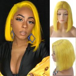 Kurze, glatte Bob-Perücke Echthaar, 13 x 4 Spitze, Echthaar-Perücke, 25,4 cm, klebefrei, kurze Bob-Perücke mit Babyhaar for Frauen Täglicher Rollenspieleinsatz(Lemon yellow) von JEXUUD