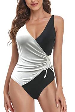 JFAN Damen Badeanzug Monokini Strandmode Badeanzüge für Damen V Ausschnitt Bikini Colour Blocking und Strap on Einteiliger Badeanzug Schwarz-weiß L von JFAN