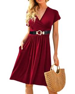 JFAN Kleid Damen Hochtailliertes Kleid mit V-Ausschnitt und Gürtel Freizeitkleider für Damen Casual Burgund XL von JFAN