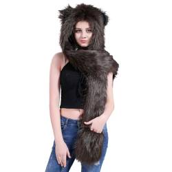 JIAHG Damen Kunstpelz Tier Kapuze Mütze Schal mit Handschuhe Tasche 3 in 1 Winter Weich Warm Flauschig Pelzigen Ohrenklappen Hut, Schal Fäustling Set Halloween Kostüm Hut von JIAHG