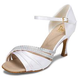 JIAJIA 20524 Damen Sandalen Ausgestelltes Heel Super-Satin Latein Strass Tanzschuhe Farbe Weiß,Größe 35 EU von JIAJIA