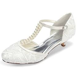 JIAJIA 01129 Damen Brautschuhe Geschlossene Zehe T-Riemen Niedrige Ferse Spitze Satin Pumpen Nachahmung Hochzeitsschuhe Farbe Elfenbein,Größe 37 EU von JIAJIA