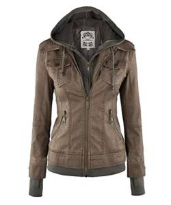 JIER Damen Kunstlederjacke Übergangsjacke Kapuzen Jacke Lederjacke Motorradjacke Bikerjacke Jacket Ladies Oberbekleidung mit Reißverschluss (Kaffee,Large) von JIER-Ms. Jacke