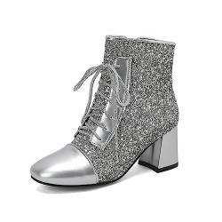 JIFAENY Damen Stiefeletten mit glitzerndem Gold quadratischer Zehenbereich dicker hochhackiger Schnürstiefel mit Reißverschluss silberfarbene Bling Bling Schuhe Silber,EU 43 von JIFAENY