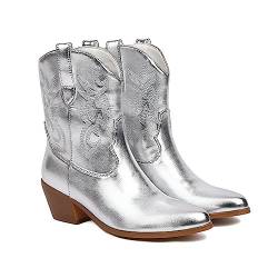 JIFAENY Herbst Winter Western Mittelstiefel für Damen klobige Absätze Vintage Cowgirl Cowboystiefel Retro Schuhe Damen Silber 39 von JIFAENY