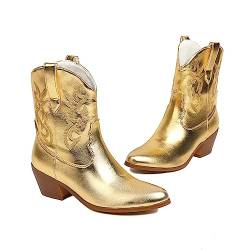 JIFAENY Herbst Winter Western Mittelstiefel für Damen klobige Absätze Vintage Cowgirl Cowboystiefel Retro Schuhe für Damen Gold 42 von JIFAENY