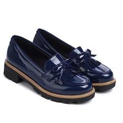 Women's Black Patent Leather Loafers Platform Slip on Shoes Spring British Tassel Casual Bowknot Flats Shoes-Blue,38 von JIFAENY