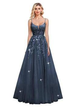 JIIL Damen Glitzer Tüll Abschlussballkleider Spaghettiträger Ballkleid Lang Spitze Applikationen Formale Abendkleider Marineblau 34 von JIIL