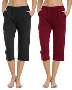 JINSHI Damen 2er Pyjamahose Schlafshorts Schlafanzughosen Modal Nachtwäsche Loungewear Freizeithose Schwarz &Rot Größe XL von JINSHI