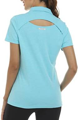 JINSHI Poloshirt Damen Sportshirt Kurzarm Polo T-Shirts Schnelltrocknend Atmungsaktiv für Tennis Fitness Trainning Laufen Blau S von JINSHI