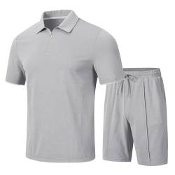 JINSHI Trainingsanzug Herren Freizeitanzug Sport Set Kurzarm Sommer Jogginganzug 2-Teiliges Poloshirt mit Reißverschluss und Sportshorts mit Taschen Hellgrau XXL von JINSHI