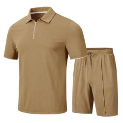 JINSHI Trainingsanzug Herren Freizeitanzug Sport Set Kurzarm Sommer Jogginganzug 2-Teiliges Poloshirt mit Reißverschluss und Sportshorts mit Taschen Khaki 3XL von JINSHI