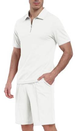 JINSHI Trainingsanzug Herren Freizeitanzug Sport Set Kurzarm Sommer Jogginganzug 2-Teiliges Poloshirt mit Reißverschluss und Sportshorts mit Taschen Weiß M von JINSHI