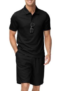 JINSHI Trainingsanzug Herren Freizeitanzug Sportanzug Kurzarm Sommer Jogginganzug 2-Teiliges Outfit Sets Knopfleiste Poloshirt mit Brillenhalter + Kurze Hose mit Taschen Schwarz L von JINSHI