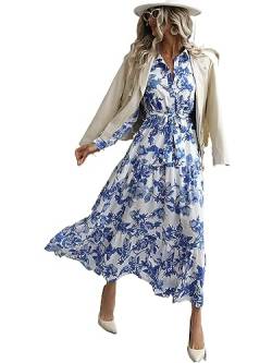 JIpoon Damenkleider Kleid mit Gürtel, Blume Muster, mehrschichtig Saum (Color : White, Size : L) von JIpoon
