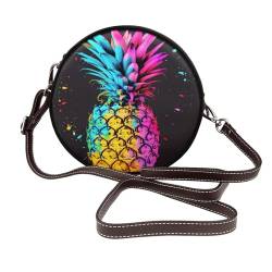 JKLQWC Bunte Umhängetasche mit Ananas-Aufdruck für Damen, niedlich, rund, Leder, Schultertasche mit verstellbarem Riemen, Kuriertasche, coffee, Einheitsgröße von JKLQWC