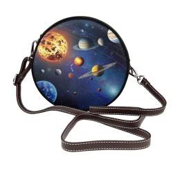 Outer Space Sonnensystem bedruckte Umhängetasche für Damen, niedlich, rund, Leder, Schultertasche mit verstellbarem Riemen, Kuriertasche, coffee, Einheitsgröße von JKLQWC