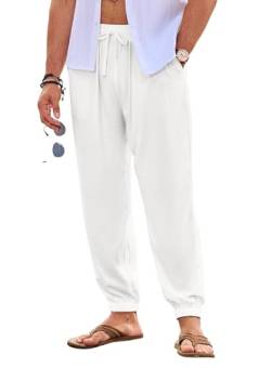 JMIERR Herren Leinenhose Lang Leicht Sommerhose Loose Fit mit Taschen Elastischer Bund Freizeithose Sommer Herbst Weiß XL von JMIERR