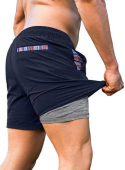 JMIERR Herren Shorts Sport Hosen Laufshorts Trainingsshorts 2 in 1 Schnell Trocknend Kurze Hosen Outdoor Sporthose Mit Taschen Navy blau XL von JMIERR