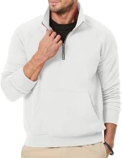 JMIERR Sweatshirt Herren Half Zip Pullover Baumwolle Langarmshirt Stehkragen Sweatjacke Strickpullover Trainingsjacke ohne Kapuze mit Taschen Weiß L von JMIERR