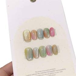 Nägel Zum Aufkleben 10Pcs Short Handmade Light Green Press On Nails Cat Eyes Pure Ballerina Decoration Wearable False Nails Full Cover Nail Tips Art(16-S) von JMORCO