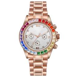 JOATVEE Herren Diamantuhren Regenbogen Baguette Bunt Mode Sport Chronograph Klassisch Rose Gold Edelstahl Quarz Analog Armbanduhren von JOATVEE