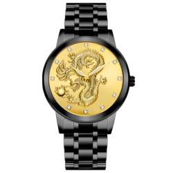 JOATVEE Herren Quarz-Golduhren 3D Gold Drachen Geschnitzt Diamant Uhren für Männer Klassische Edelstahl Herrenuhr,Wasserdicht Business Armbanduhren von JOATVEE