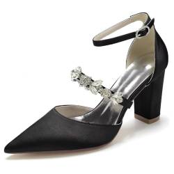 JOEupin Damen Strass Braut Pumps Knöchelriemen Blockabsatz für Braut Hochzeit High Heel Abend Party Absatz Sandalen, Schwarz, 37.5 EU von JOEupin