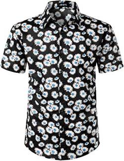 JOGAL Herren Blumen Kurzarm Baumwolle Hawaii Hemd Medium Schwarz Himmelblau von JOGAL