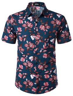JOGAL Herren Hawaii Hemd Männer Kurzarm Regular Fit Sommer Freizeithemd Marine Rosa Blume Klein von JOGAL