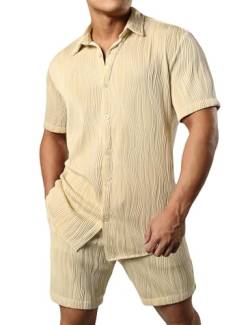 JOGAL Herren Hawaii Hemd Outfit Kurzarm Sommer Freizeithemd und Shorts Set Badeshorts Strandhemd für Männer Khaki Klein von JOGAL