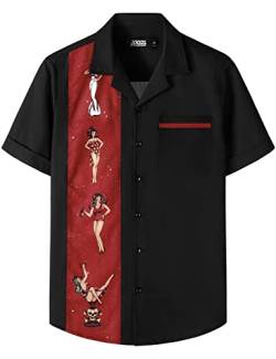 JOGAL Herren Kurzarm Freizeithemd mit Tasche Hawaii Print Hemd Männer Regular Fit Sommerhemd Schwarz M von JOGAL