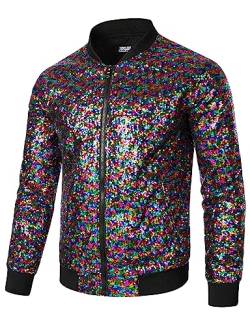 JOGAL Herren Metallic Pailletten Jacke 70er Baseball Bomberjacke Disco Nachtklub Party Kostüm Mehrfarbig Klein von JOGAL