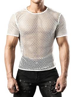 JOGAL Herren Muskel Transparent Kurzarm Shirts Netz Hemd Medium Weiß von JOGAL