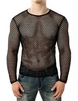 JOGAL Herren Muskel Transparent Shirts Langarm Netz Unterhemd X-Large Schwarz von JOGAL