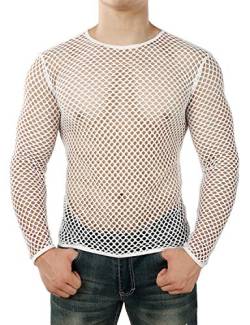 JOGAL Herren Muskel Transparent Shirts Langarm Netz Unterhemd XX-Large Weiß von JOGAL