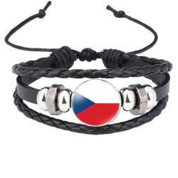 JRZEOCI Perlenarmband Mit Nationalflagge Der Tschechischen Republik Und Europa – Mehrlagige Armreifen Aus Lederseil Und Glasanhänger, Armband, Handkette, Souvenir-Schmuckzubehör, Schw von JRZEOCI