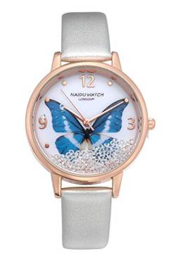 JSDDE Uhren Elegant Armbanduhr Schmetterling Dial Leder Uhrenarmband Uhr Zifferblatt mit Strasssteine Analoge Quarzuhr Kleideruhr für Frauen Damen (Silber-Blau Schmetterling) von JSDDE
