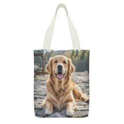 JTREWBV Canvas-Tragetasche mit Innentasche, Golden Retriever-Hunde-Druck, wiederverwendbare Einkaufstasche, doppelseitiges Muster, beige, 32x38cm von JTREWBV