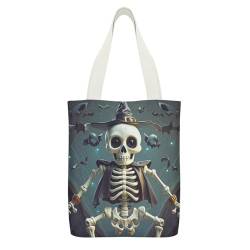 JTREWBV Canvas-Tragetasche mit Innentasche, Halloween-Skelett-Druck, wiederverwendbare Einkaufstasche, doppelseitiges Muster, beige, 32x38cm von JTREWBV