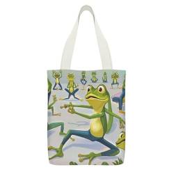 JTREWBV Canvas-Tragetasche mit Innentasche, Yoga-Frosch-Druck, wiederverwendbare Einkaufstasche, doppelseitiges Muster, beige, 32x38cm von JTREWBV