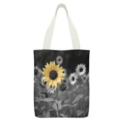 JTREWBV Canvas-Tragetasche mit Innentasche, schwarz-weiße Sonnenblumen-Druck, Leinen-Handtaschen, wiederverwendbare Einkaufstaschen, doppelseitiges Muster, beige, 32x38cm von JTREWBV