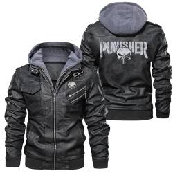 JUMBOZ Herren Jacke Winter Pun.ish-er, Herren Lederjacke mit Abnehmbarer Kapuze, Warme Gefüttert Mottoradjacke Bomberjacke-Black||XXL von JUMBOZ