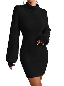 JUOIANTANG Pulloverkleid Damen Winter Elegante Strickkleider Sweater Dress mit Bishop Ärmel Damen Kleider Sexy Bodycon Schwarz M von JUOIANTANG