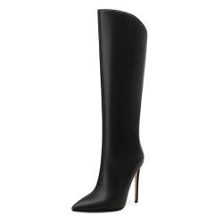 JUSTDANNI Kniehohe Stiefel für Damen, spitzer Zehenbereich, lange Stiefel, 11,4 cm, Stiletto-hoher Absatz, hohe Stiefel, zum Überziehen, bequem, matt, kniehohe Stiefel, Schwarz, 39 EU von JUSTDANNI